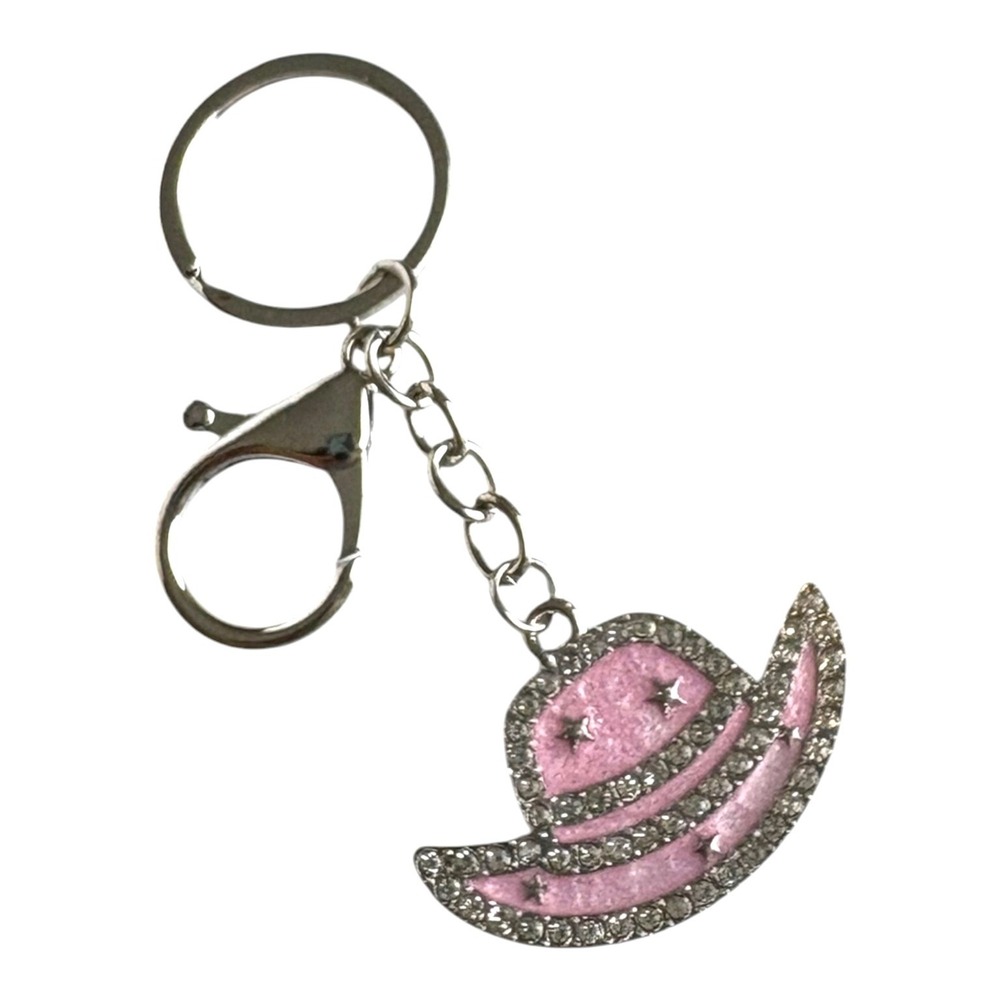 Pink Silver Rhinestone Cowboy Hat Key Chain Charm 4" Bling Western Accessory